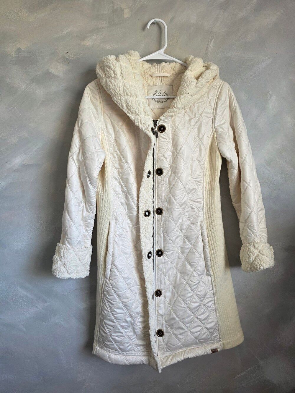 Prana Diva Long Hooded Sherpa Jacket Cream Color Quilted Stretch Sides S